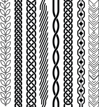 Set of celtic knot and floral leaf border patterns, decorative seamless frames with organic and geometric elements.