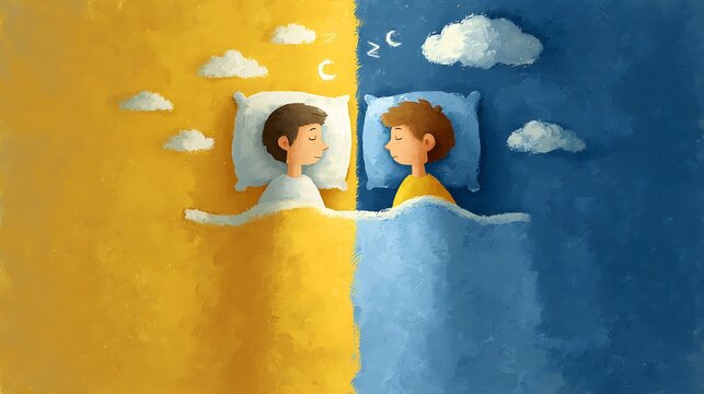 Couple in bed with contrasting sleep patterns one awake and one asleep under different colored skies