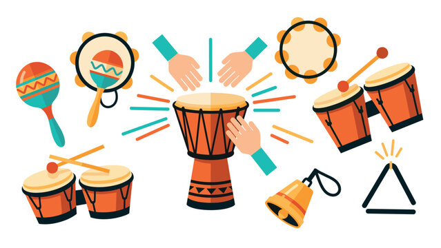 Colorful music percussion instruments in flat style with drums and maracas