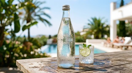 Obraz premium Refreshing summer drinks on a poolside table with bottle and glass.