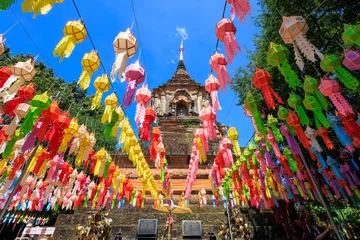Colorful lanna lanterns decorating ancient Chiang Mai temple © Stéphane Bidouze