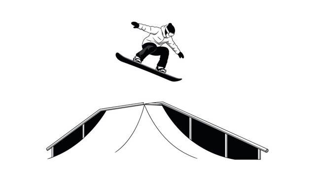 Snowboarder performing jump in black and white silhouette style on half pipe