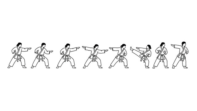 Karate sequence line art: practicing katas with precision and style