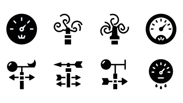 Weather icon set: gauge, direction, wind symbols in simple black design