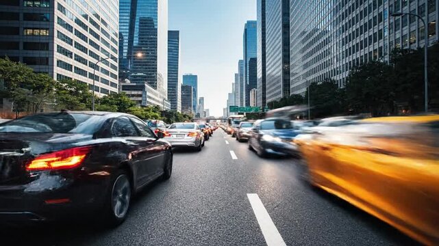 Dynamic city traffic with modern cars navigating urban roads and towering skyscrapers. Depicting fast-paced metropolitan life, daily commutes, advanced transportation infrastructure, and urban...
