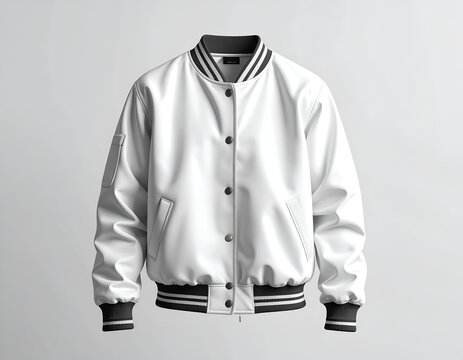 Crisp white varsity jacket with striped collar, cuffs, and hem