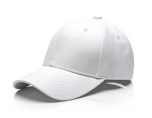 Fototapeta premium A clean white baseball cap with a curved brim, isolated