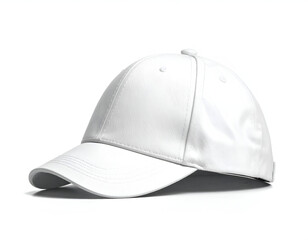 Fototapeta premium Clean white baseball cap with a curved brim, set against white