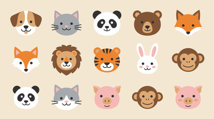 Obraz premium Collection of cartoon animal faces arranged in a grid pattern on a neutral background