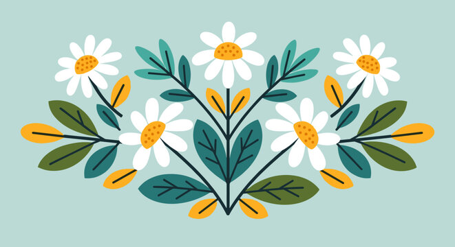 White Daisies with Green Leaves Illustration.