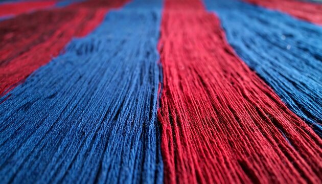 Close-up of red and blue yarn threads texture