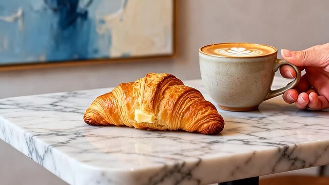 Croissant and coffee on marble table