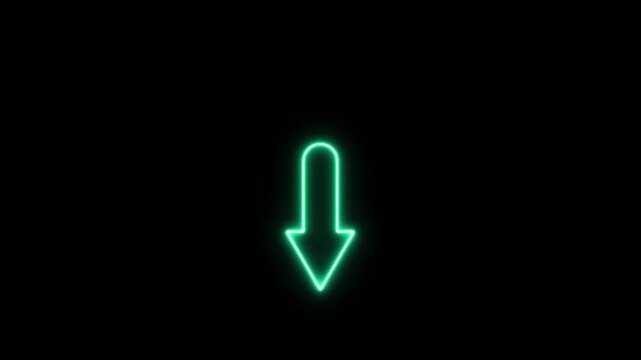 Glowing neon down icon animation. Neon blue down arrow sign animated on black background. neon lighting direction arrow. neon bouncing downward arrow icon. road signal icon.