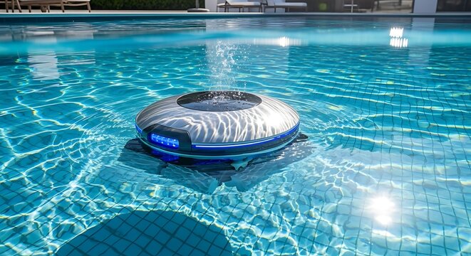 Modern pool cleaner floats on water, cleaning the swimming pool with blue lights.