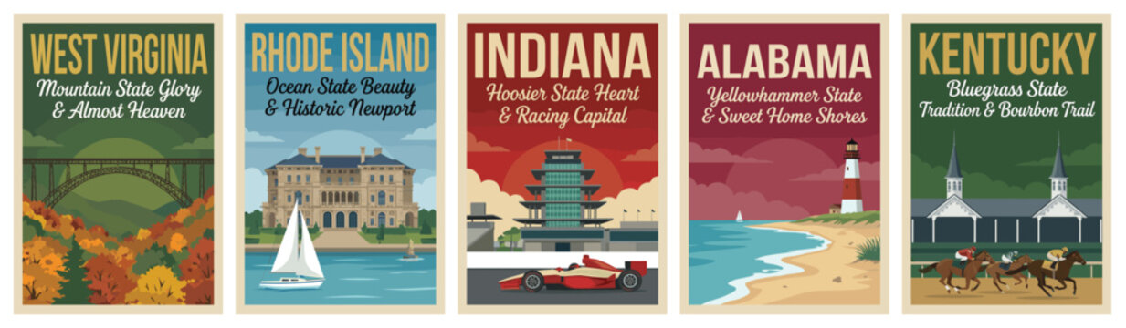 Vintage usa travel poster set. Including west virginia bridge, rhode island mansion, indiana racing, alabama coast, and kentucky. Retro vector illustration.
