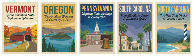 Obraz premium Vintage usa travel poster set. Including vermont bridge, oregon crater lake, pennsylvania hall, south carolina, and north carolina. Retro vector illustration.
