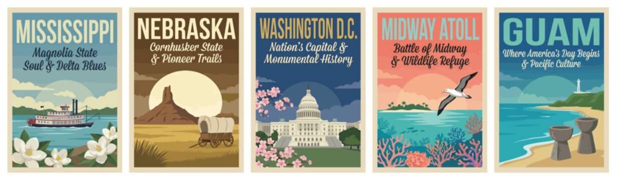 Vintage usa travel poster set. Including mississippi delta, nebraska trails, washington dc capitol, midway atoll, and guam. Retro vector illustration.