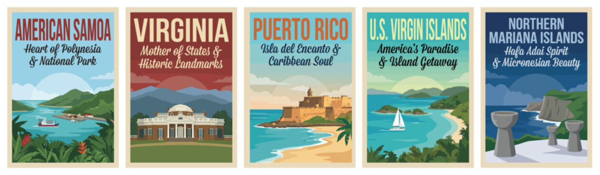 Vintage usa travel poster set. Including american samoa, virginia, puerto rico, us virgin islands, and northern mariana islands. Retro vector illustration.
