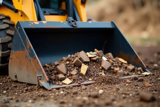 Close-up of skid steer loader bucket with debris and materials, machine, construction equipment