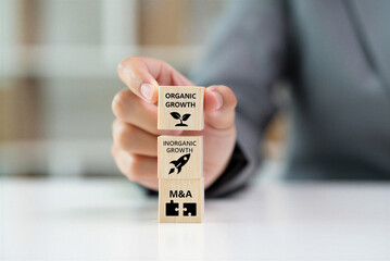 Businessman holds wooden cubes representing organic growth inorganic growth and MA business strategies