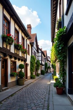 cobblestone street lined with half-timbered houses, flowers in window boxes, village street, half-timbered houses
