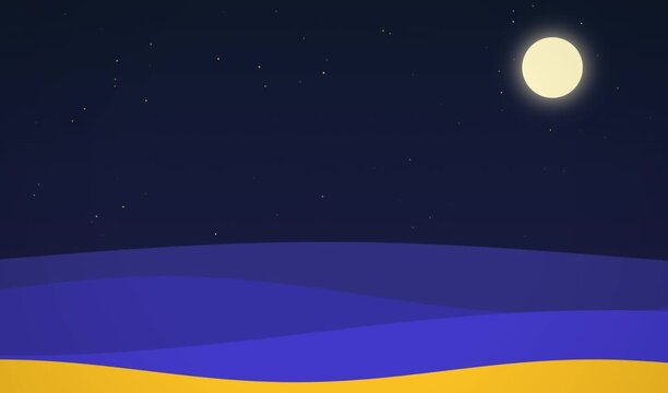 Minimalist night landscape animation with a full moon, stars, and blue rolling hills or waves in a flat vector style.