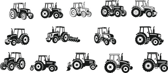 Farm tractor silhouettes collection, agricultural machinery farming vehicle tractor icons agriculture equipment vector illustration set © Motiur