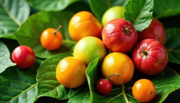 Colorful amla fruits scattered on green leafy vegetables, vegetables, fruits