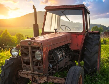Rusty red tractor stands on a grassy field under a warm sunset near hills