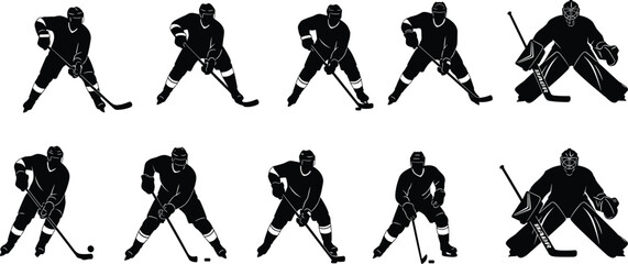 Ice hockey players silhouette set, hockey athlete skating shooting goalie defending sport action icons winter team game vector © Motiur