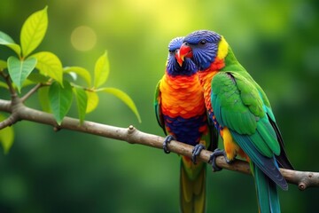Obraz premium Colorful birds perched on a branch in harmony with nature, branch, birds