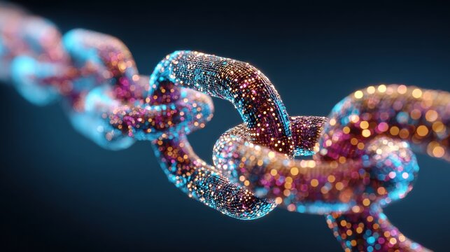 Digital nodes form a chain with one broken link showing disruption in supply chains and emphasizing the importance of connectivity in logistics.