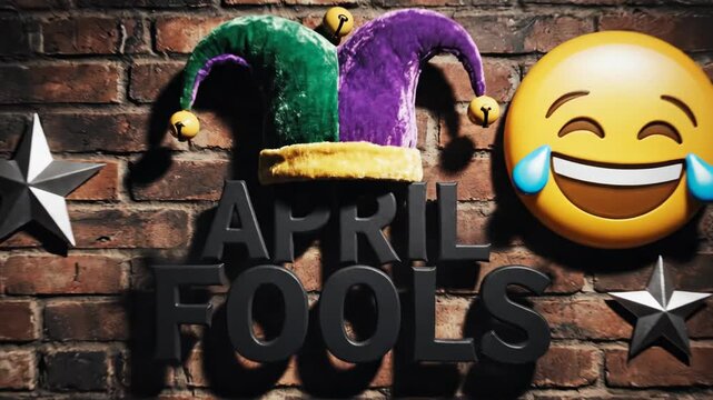 April Fools text jester hat laughing emoji on brick wall