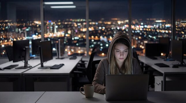 Focused young woman working diligently on her laptop late at night in a modern office, illuminated by screen glow against a bustling city skyline
