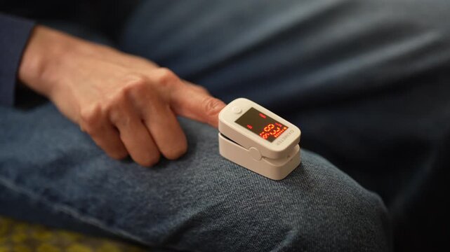 Close up pulse oximeter on finger showing oxygen saturation and pulse