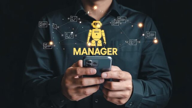 Digital Manager at Work: A modern professional in a button-down shirt adeptly utilizes a smartphone, seamlessly engaging with an AI-powered management system.