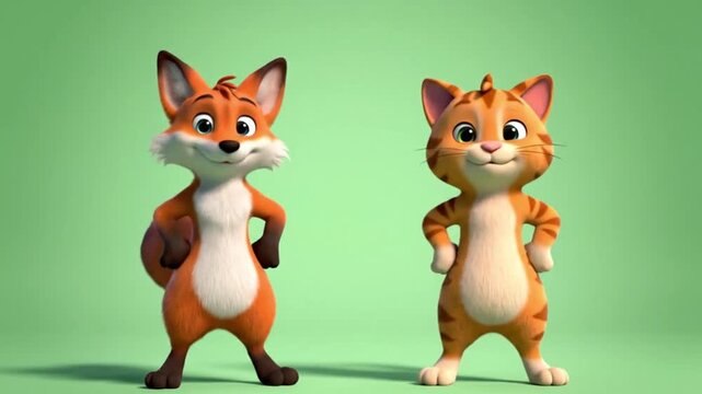 Happy cartoon cat and fox characters dancing together loop, whimsical friendship animation 4K