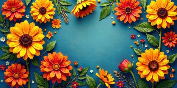 Colorful floral patterns with marigolds and sunflowers , sunflower, garden