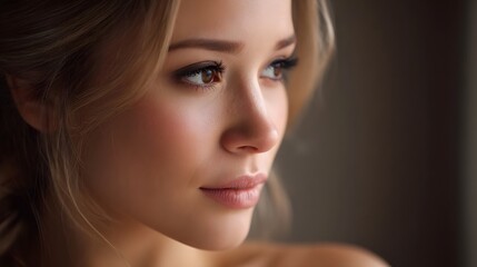 Fototapeta premium Close up portrait of a young woman with soft natural light showcasing delicate features and a contemplative expression