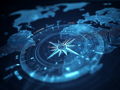 Futuristic digital compass on world map, glowing blue global navigation interface, high tech HUD