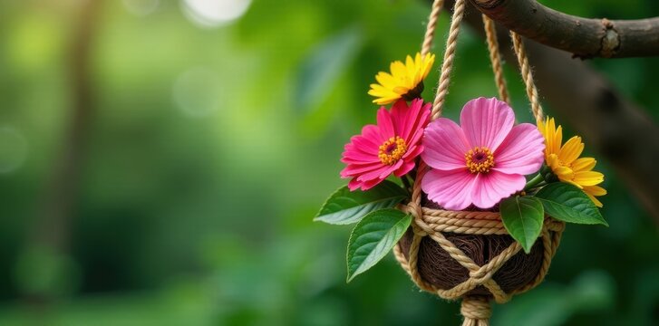 Colorful flowers arranged in a macram? hanger hanging from a tree branch, hippie, macrame