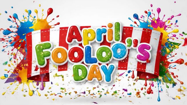 Bright April Fool's Day text on striped banner with splatters