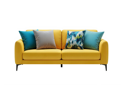 A yellow couch with four throw pillows on it isolated on transparent background