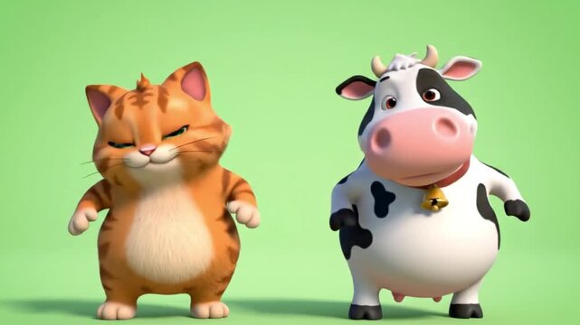 Happy cartoon cat and cow characters dancing together loop, whimsical friendship animation 4K