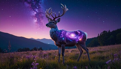 Cosmic reindeer stands in a field under a starry night sky with nebula