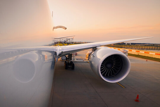 Reflection of wing and engine on fuselage of cargo airplane during loading on airport apron at sunset. Air cargo logistics, aviation industry, freight transport, and global trade concept.