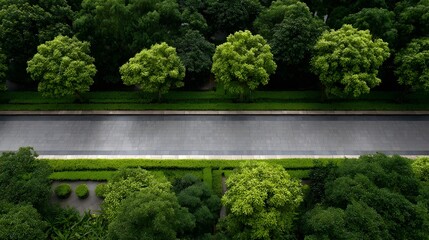 Aerial view of a tranquil garden path amidst lush green trees and manicured hedges