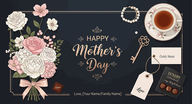 Elegant Mother's Day flat lay A heartfelt tribute with rose bouquet, tea set, and gifts, celebrating maternal love and thoughtful appreciation