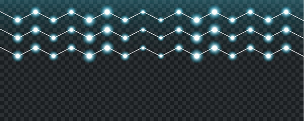 Illuminated string lights with glowing white and green bulbs cascade across a transparent dark background high-quality © Kamal Hosen