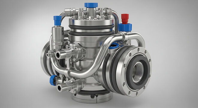  Advanced Stainless Steel Hydraulic Manifold Assembly with Precision Fittings and Protective Color Coded Caps for Industrial Fluid Control Systems and Heavy Machinery Infrastructure Studio Rendering
